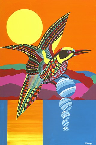 Rainbird, Galaxy Bird, Rain drop, Sunshine, Sun, Original Acrylic on Canvas by Hilton Stephenson