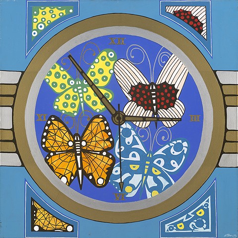 Time Butterflies, Acrylic On Canvas, Colourful, Colorful, Butterflies, Bright, Time, Clock, 