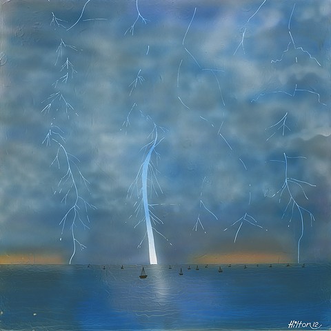 Electrical Storm Gold Coast Australia Lightning water boats Original Acrylic on Canvas by Hilton Stephenson