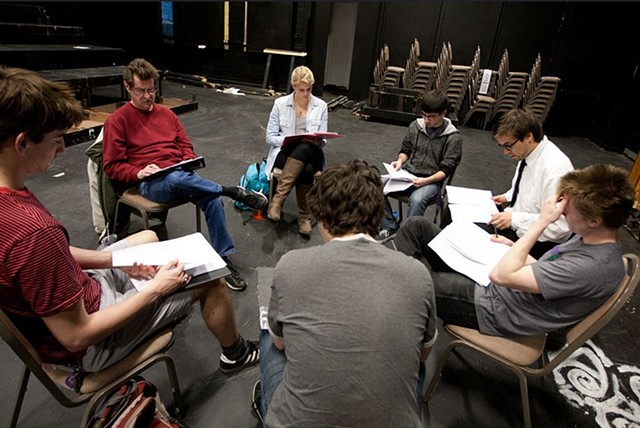 Director Isaac Miller with actors Sherwood Kiraly, Samantha Zimay, Jose Guzman, Boe Chmil, Micah Snow, Mitch Wise, in rehearsal for the April 12 and 13, 2013 readings at Knox College. Photo by Peter Bailey.
