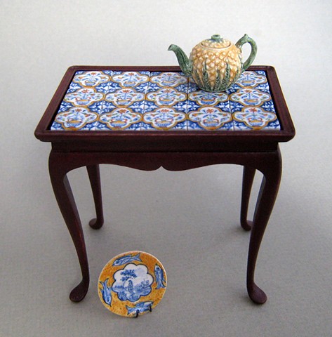 Tile Top Tea Table with Dutch Flower Vases