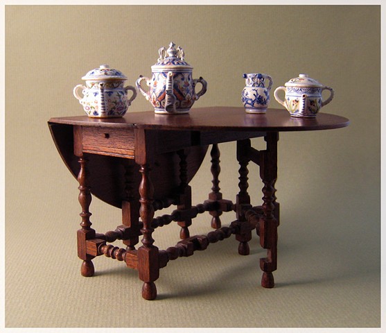 Gateleg table with Posset Pots and Puzzle Jug