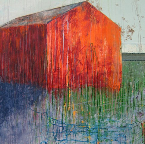 landscape barn orange glow fire contemporary art minimalism, mixed media, green, purple, abstract