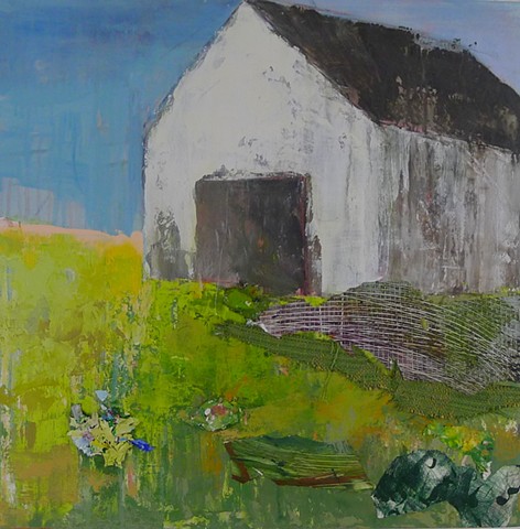 new england landscape barn mixed media collage pallette knife