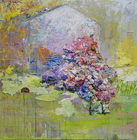 Barn contemporary landscape , yellow, pink, Flowers, spring, summer garden, textural