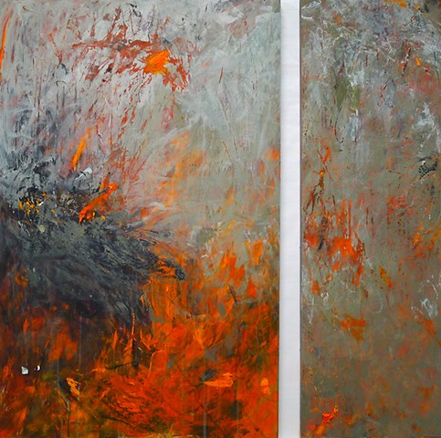 gestural abstraction, bright and vivid colors, orange, silver gray, green gray, charcoal, drips, paint skins