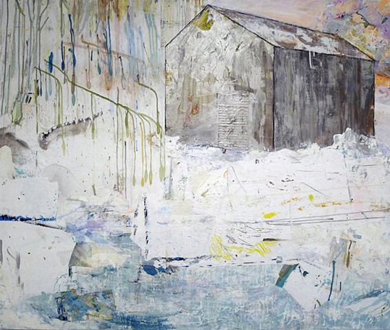 Contemporary winter barn landscape, white, silver, ice blue, pond glow pink