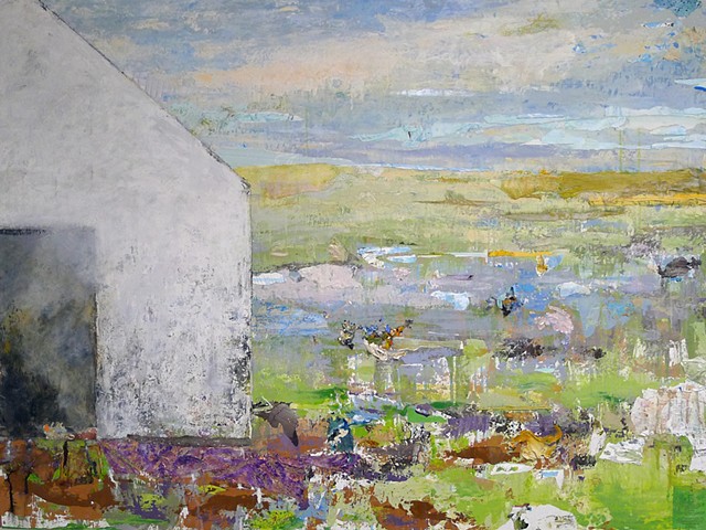 white barn, pasture, pond, water, rich color texture , purples metallic blues, greens, abstract landscape New England