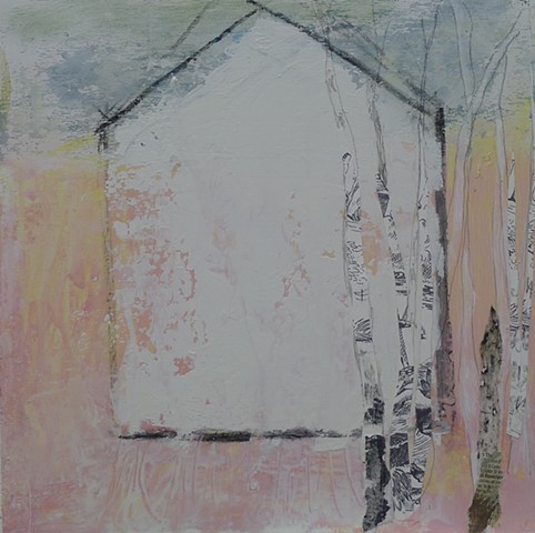 contemporary barn, landscape, bright, fun, cheery, pink, birch trees, mixed media 