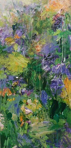 garden, flowers, purple and green, summer, abstract landscape, colorful palette, vertical landscape