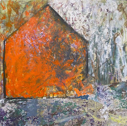 Contemporary landscape barn orange glow fire abstract art minimalism