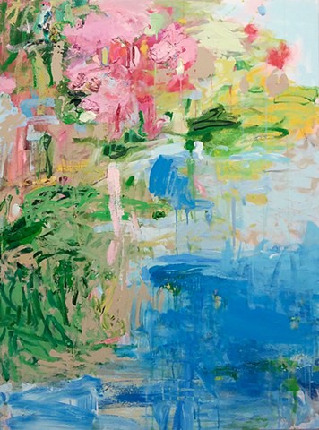 Abstract landscape, spring summer blooms water colorful palette