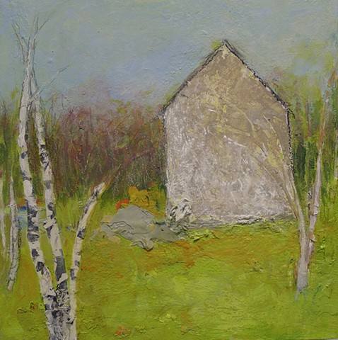 Spring landscape with budding maple trees in background, birch trees in foreground, a simple house shape in center, lime green, earth tones