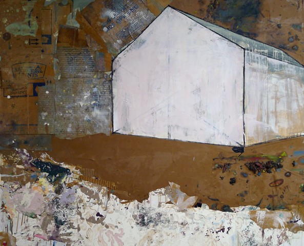 Contemporary landscape barn, white, pink nuetral tones, minimlistic, abstract art