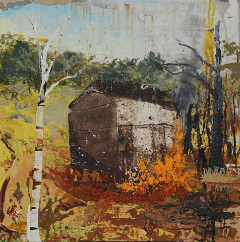 fire element spiritual new england barn Fall collage painting landscape birch tree