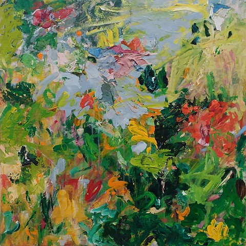 abstract landscape, spring summer blossoms, green, pink, red, yellow, garden art,, colorful palette