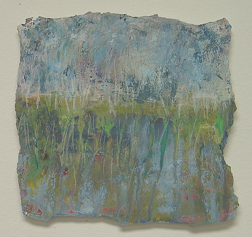 small landscape painting blues greens, marshland, water