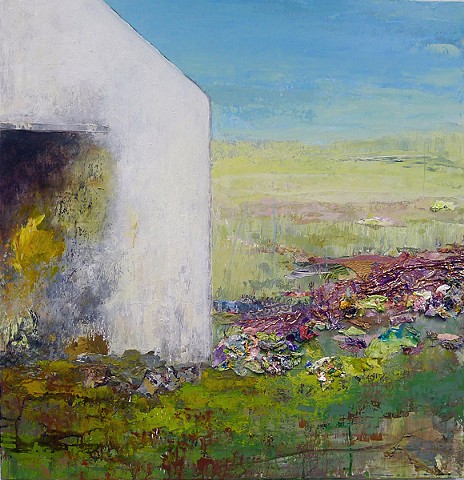 contemporary landscape, contemporary art, New England barn, green, purple, blue, green, blue, spring, mixed media,  pasture