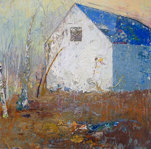 Abstract art contemporary landscape, barn, tree, mixed media, blue, silver, glowing, copper, warm, mixed media, organic