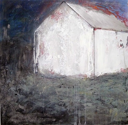 midnight, moonlight, white barn, red, blue, grey, spiritual landscape, contemporary 