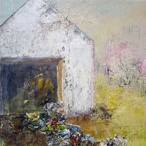 Yellow, pink, spring, new england, barn, contemporary landscape. mixed media
