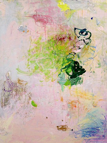 Vertical abstract garden painting,Spring, pink and green, garden, flowers, colorful, happy, abstract