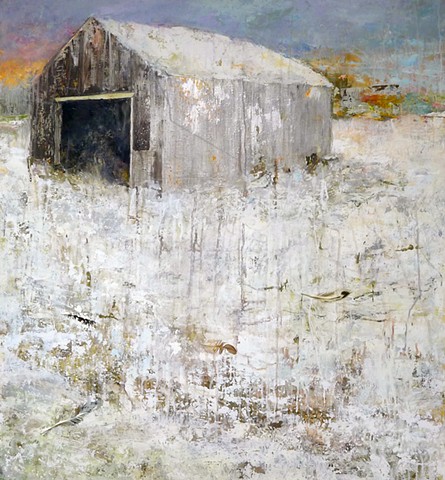 new england barn winter snow sunset landscape painting