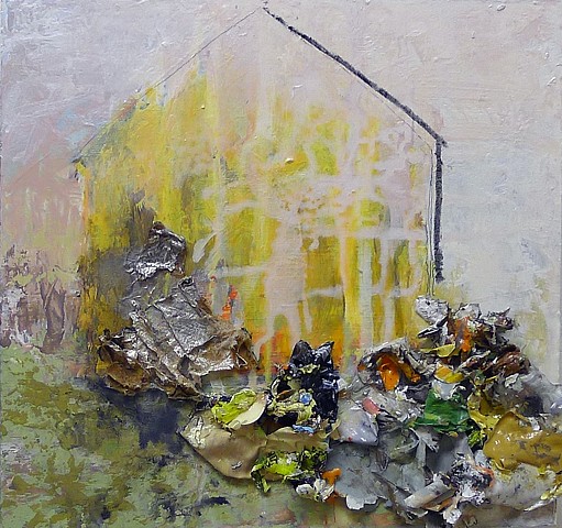 Barn contemporary landscape, spring, textural, texture, yellow, green, collage, mixed media