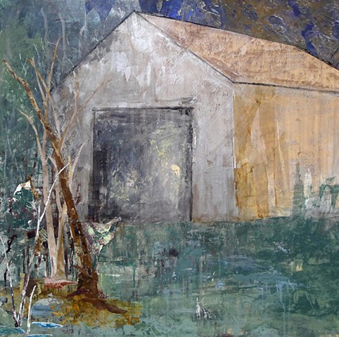 contemporary landscape barn, green, moody, bronze, gold