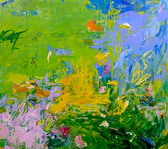 flower garden , abstract garden landscape, green, yellow, pink, colorful palette