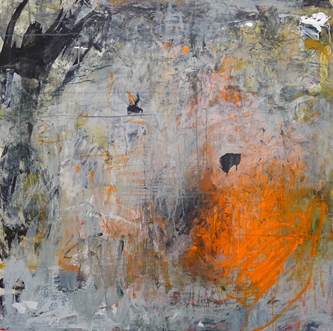Gestural abstraction, bright and vivid colors, orange, red, gray, black, drips, paint skins