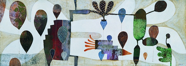 Balloons-IV /2004 / Monotype,painting,sewing,beads/ 42 x 16 (inches)