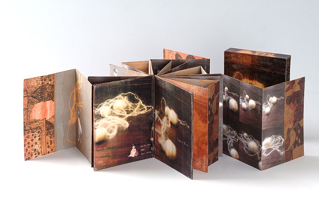 Tangled brown 2008/Bookmaking, monotype,digital printed images, collage,painting epoxy-resin / 5 x 6 1/4 x 1 1/8 (inches)