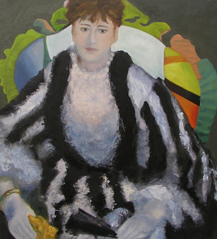 woman, chair, dress, black, white, chair, Renoir, impressionist