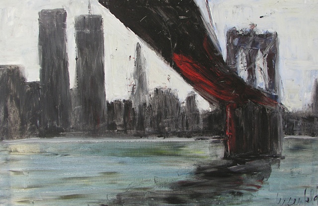 Surrealistic painting of Brooklyn Bridge with red pigment and black and white cityscape of Manhattan overlooking the east river