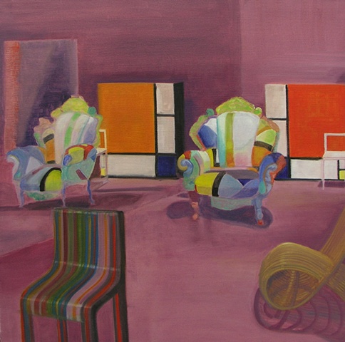 A colorful and whimsical painting of  uniqiue and strange chairs.