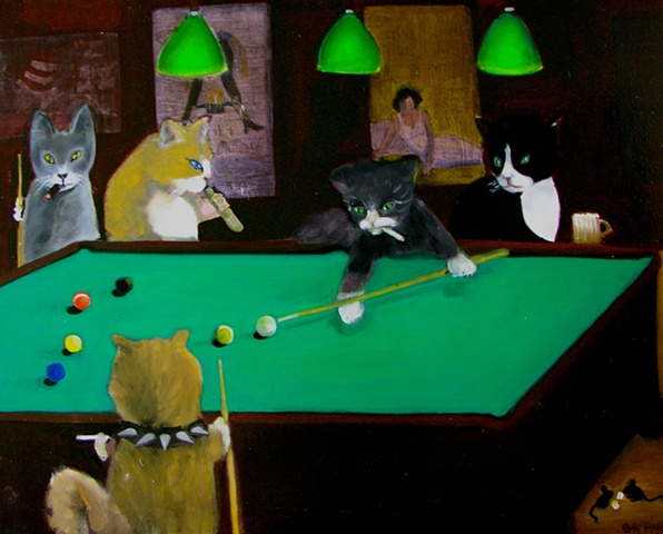 Cats in a bar playing pool drinking beer and smoking cigars and cigarettes