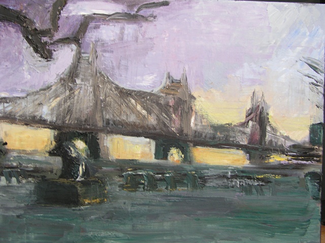 Painting of  59th Street Street, Queensboro Bridge from Sutton Place Park over the East River in New York City, Manhattan at sunrise