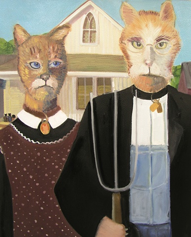 surrealistic version of American Gothic with cats and mice