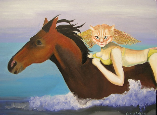 Surrealistic version of pretty girl cat riding horse in the ocean