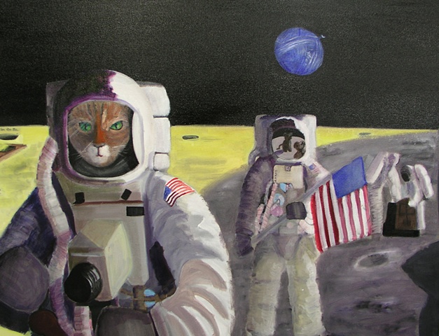 Surrealistic version of astronauts on the moon who are cats searching for mice