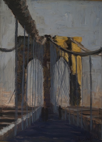 Cityscape painting of Brooklyn Bridge from walkway