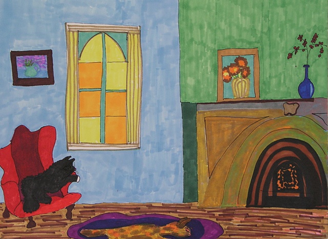Cats sleeping by the fireplace