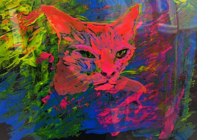Painting of psychedelic cat in blues, greens, yellow and red, feline on the prowl