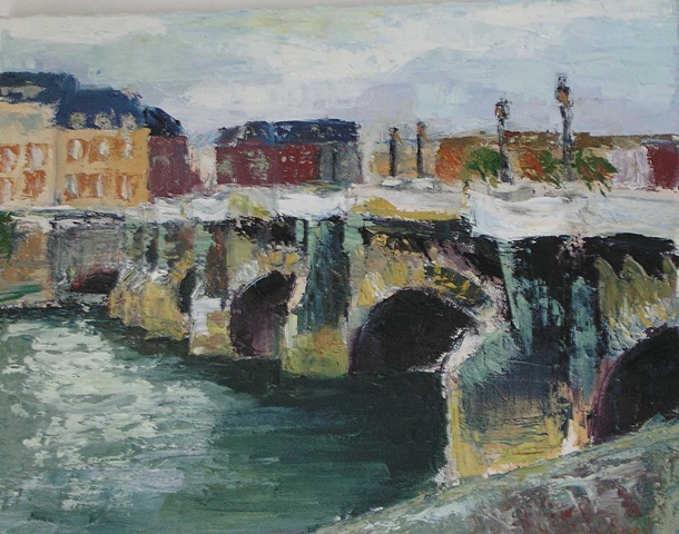 Cityscape painting of the Pont Neuf Bridge over the Seine Paris France