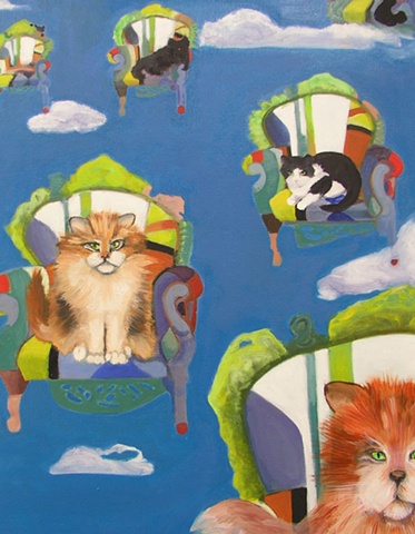 Cats dream of flying in blue skies with clouds, a catnip dream