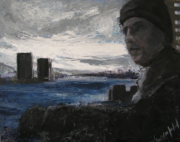 Painting of cityscape with man overlooking east river in Manhattan on overcast day