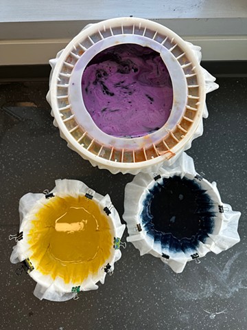 Straining Cochineal, Indigo and Weld Lakes