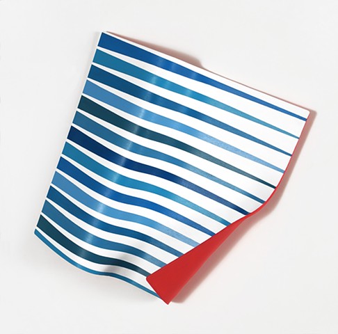 pvc panel formed into a wave, painted with white and blue stripes with red curled corner