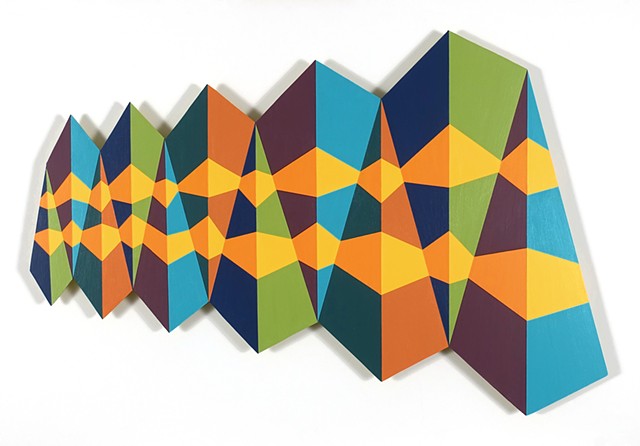 row of colorful triangles intersected by two irregular patterns